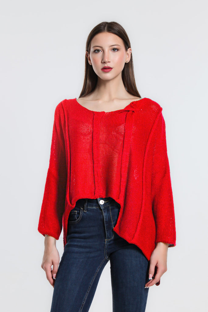 BQ905 600 Red Amani 3/4 Slv Cotton/Acrylic Crop Sweater