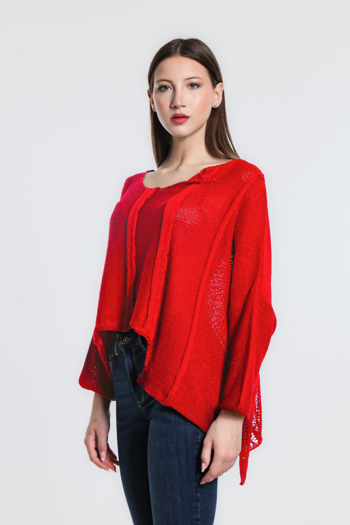 BQ905 600 Red Amani 3/4 Slv Cotton/Acrylic Crop Sweater