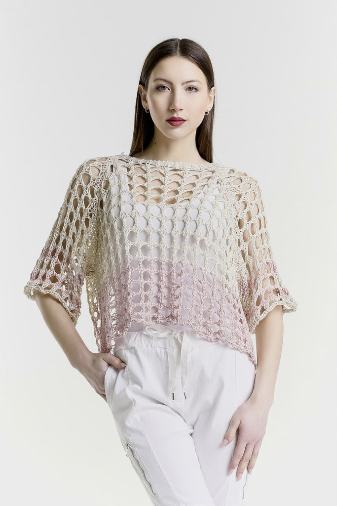 BQ906B 951 Blush/Sand Banded Doris Ballet Slv 2-Tone Banded Knit Sweater-1