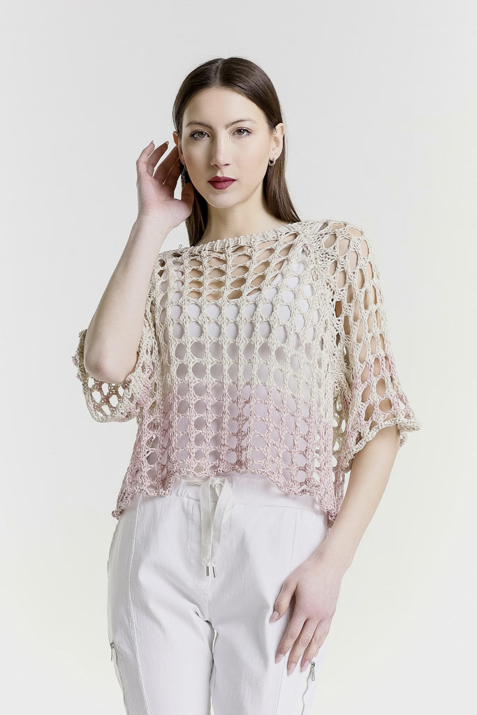 BQ906B 951 Blush/Sand Banded Doris Ballet Slv 2-Tone Banded Knit Sweater-2