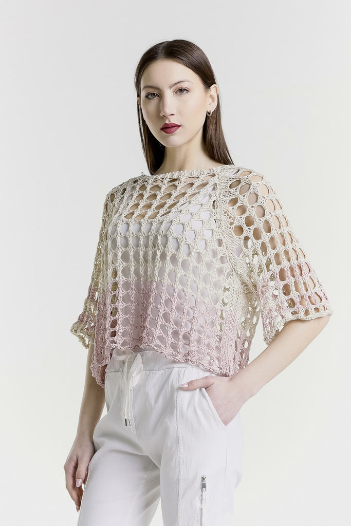 BQ906B 951 Blush/Sand Banded Doris Ballet Slv 2-Tone Banded Knit Sweater-3