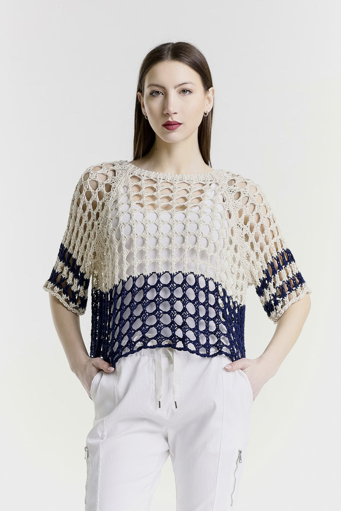 BQ906B 965 Navy/Sand Banded Doris Ballet Slv 2-Tone Banded Knit Sweater-2