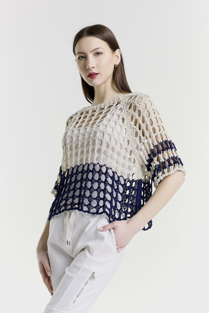 BQ906B 965 Navy/Sand Banded Doris Ballet Slv 2-Tone Banded Knit Sweater-3
