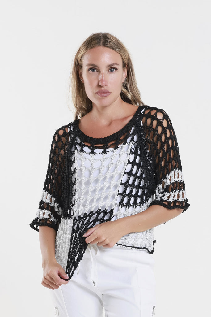 BQ906P 001 Black w/Silver Sparkle Doris Ballet Slv 2-Tone Square Knit Sweater-1