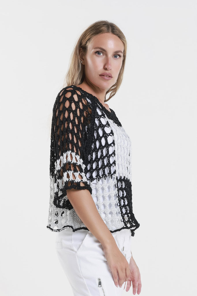 BQ906P 001 Black w/Silver Sparkle Doris Ballet Slv 2-Tone Square Knit Sweater-3