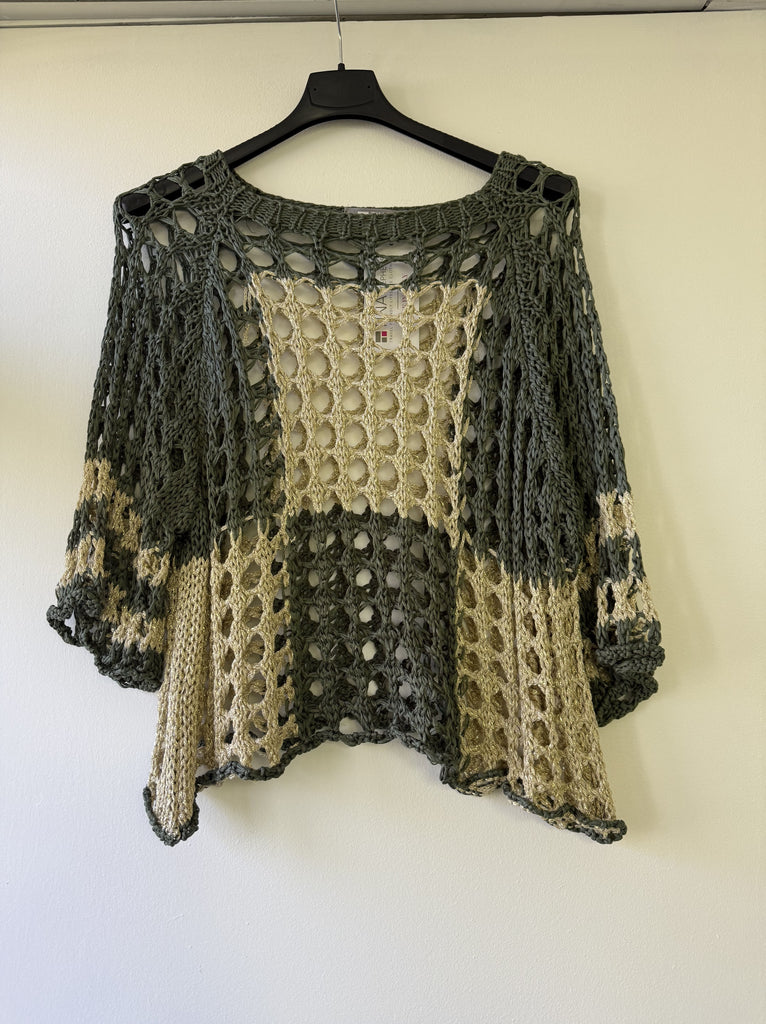 BQ906P 303 Army w/Gold Sparkle Doris Ballet Slv 2-Tone Square Knit Sweater-1