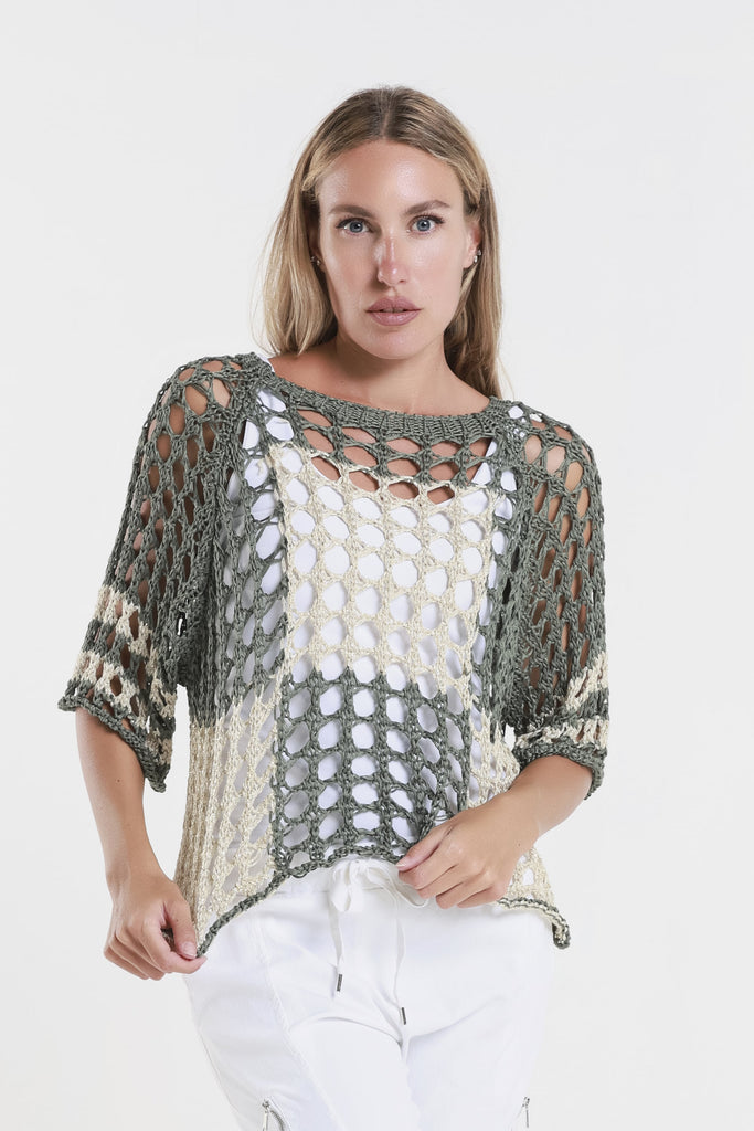 BQ906 303 Army/Sand Doris Ballet Slv 2-Tone Square Knit Sweater-1