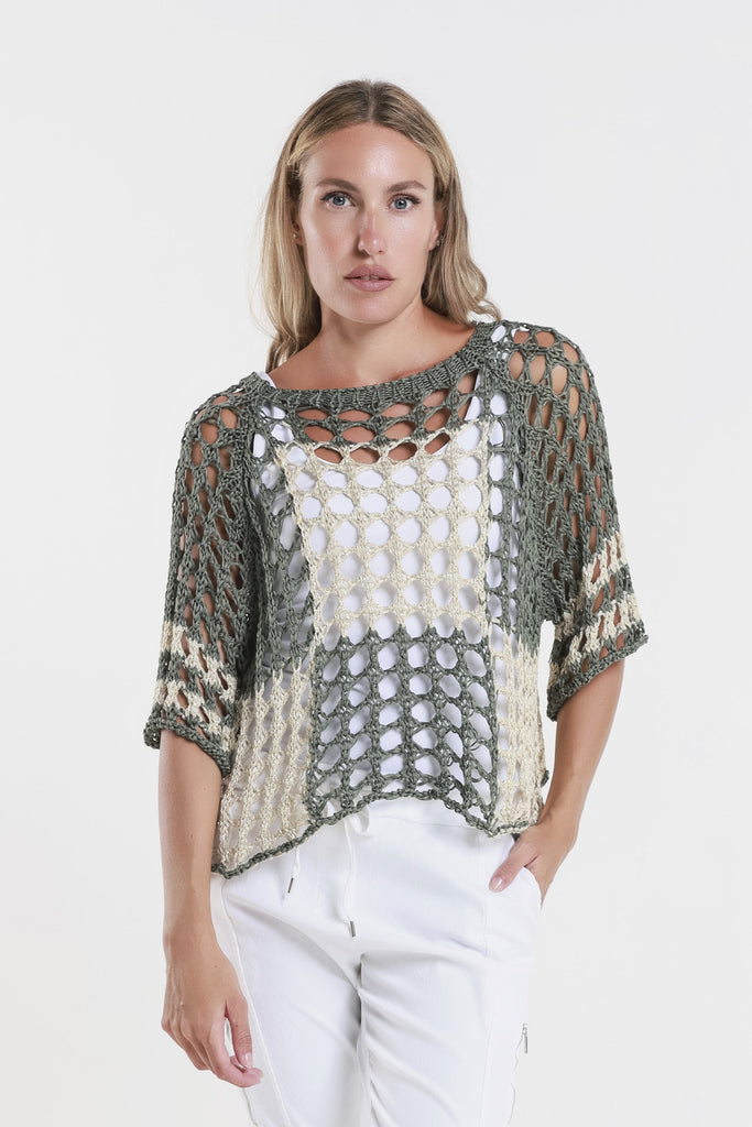 BQ906 303 Army/Sand Doris Ballet Slv 2-Tone Square Knit Sweater-2