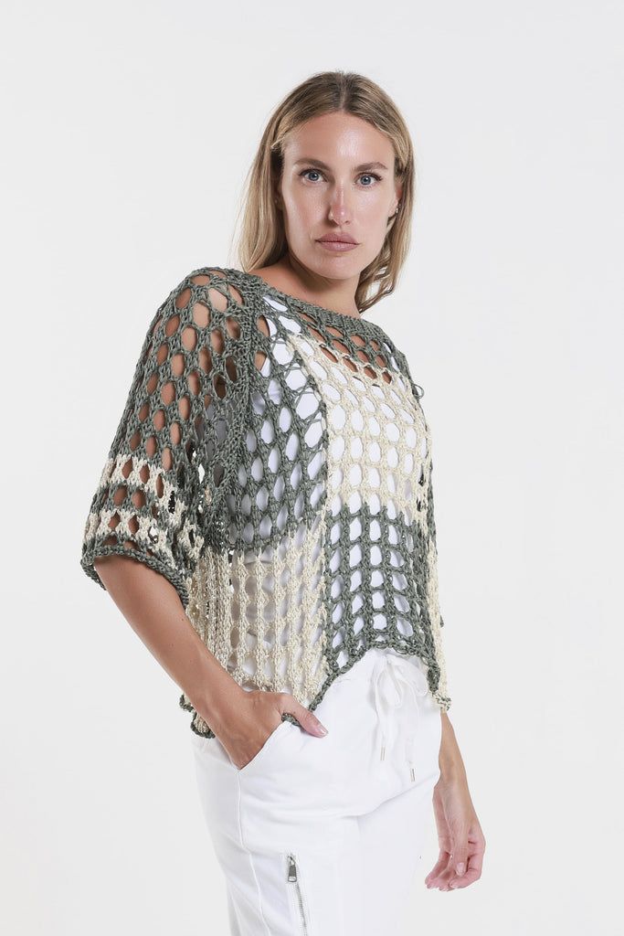 BQ906 303 Army/Sand Doris Ballet Slv 2-Tone Square Knit Sweater-3