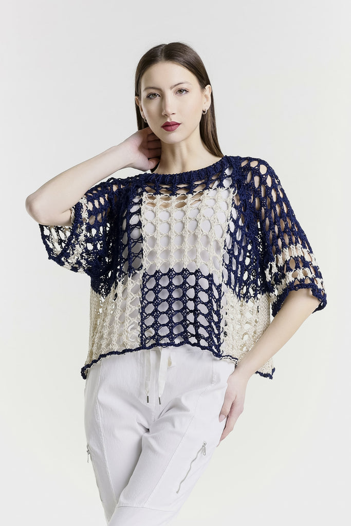 BQ906 965 Navy/Sand Doris Ballet Slv 2 Tone Square Knit Sweater-1
