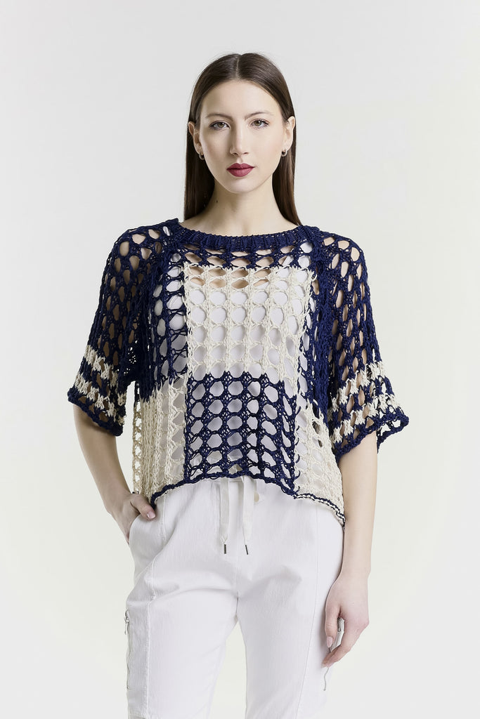 BQ906 965 Navy/Sand Doris Ballet Slv 2 Tone Square Knit Sweater-2