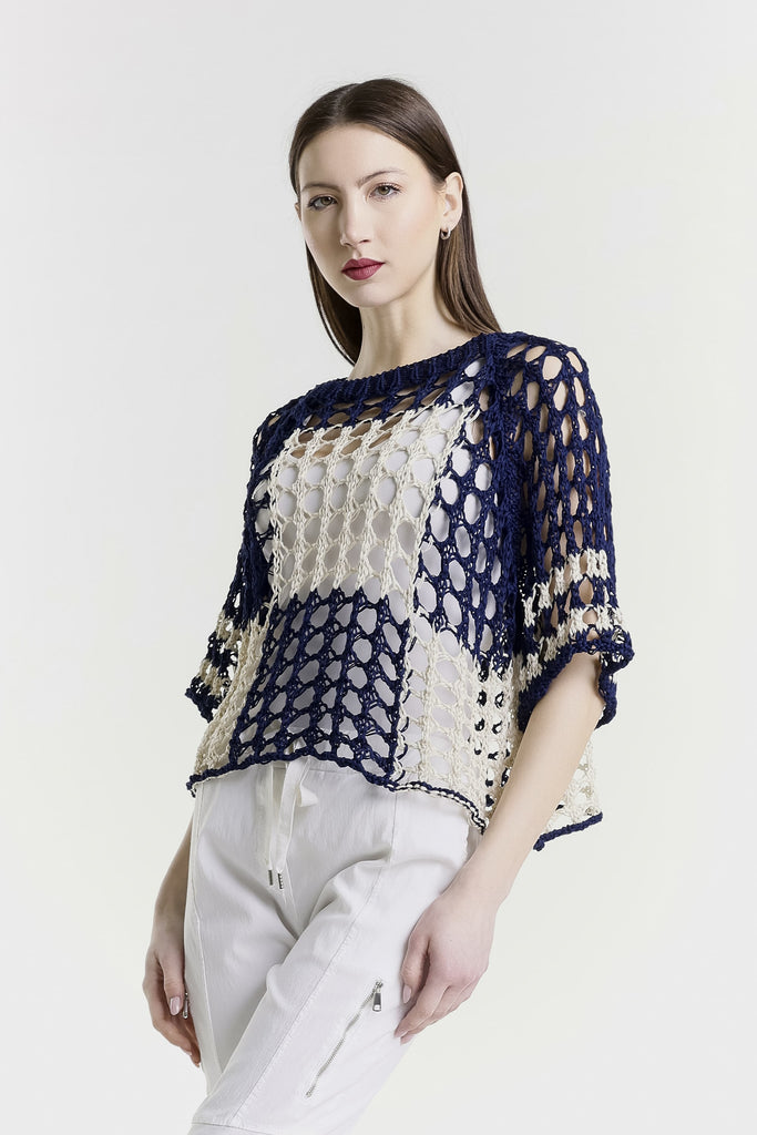 BQ906 965 Navy/Sand Doris Ballet Slv 2 Tone Square Knit Sweater-3