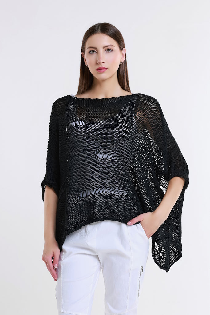 BQ909-001 Black Jean Elbow Slv Open Bar Knit Top