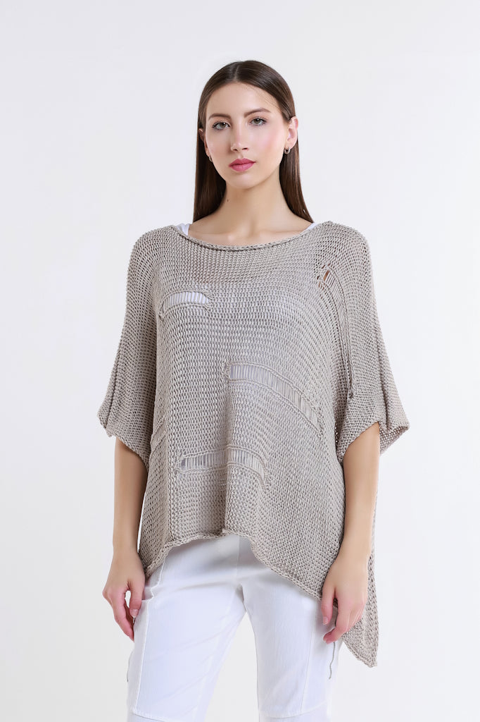 BQ909-109 Natural Jean Elbow Slv Open Bar Knit Top