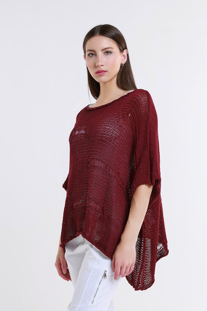 BQ909-602 Burgundy Jean Elbow Slv Open Bar Knit Top