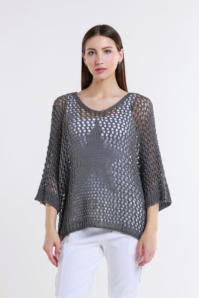 BQ912T-040 Medium Gray Star Gladys 3/4 Slv Open Knit Tonal Star Sweater