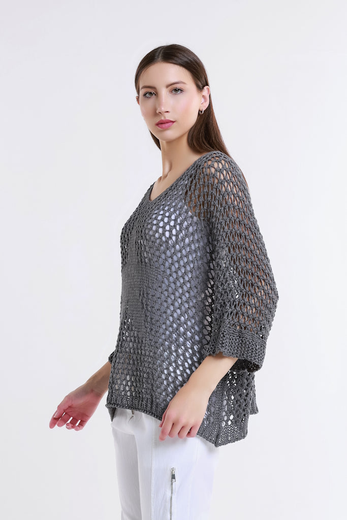 BQ912T-040 Medium Gray Star Gladys 3/4 Slv Open Knit Tonal Star Sweater