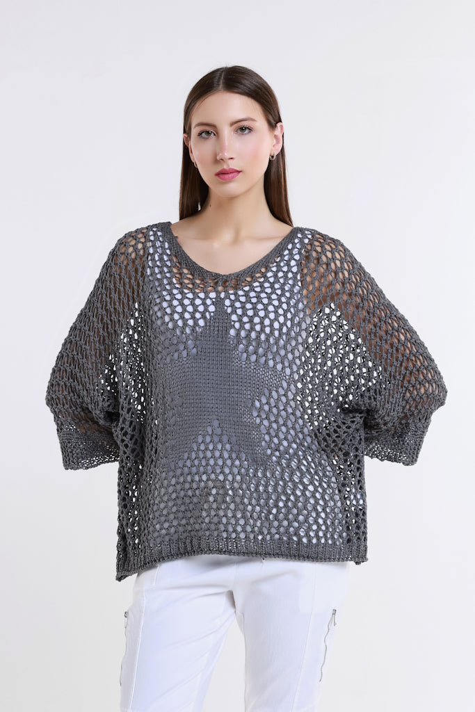 BQ912T-040 Medium Gray Star Gladys 3/4 Slv Open Knit Tonal Star Sweater