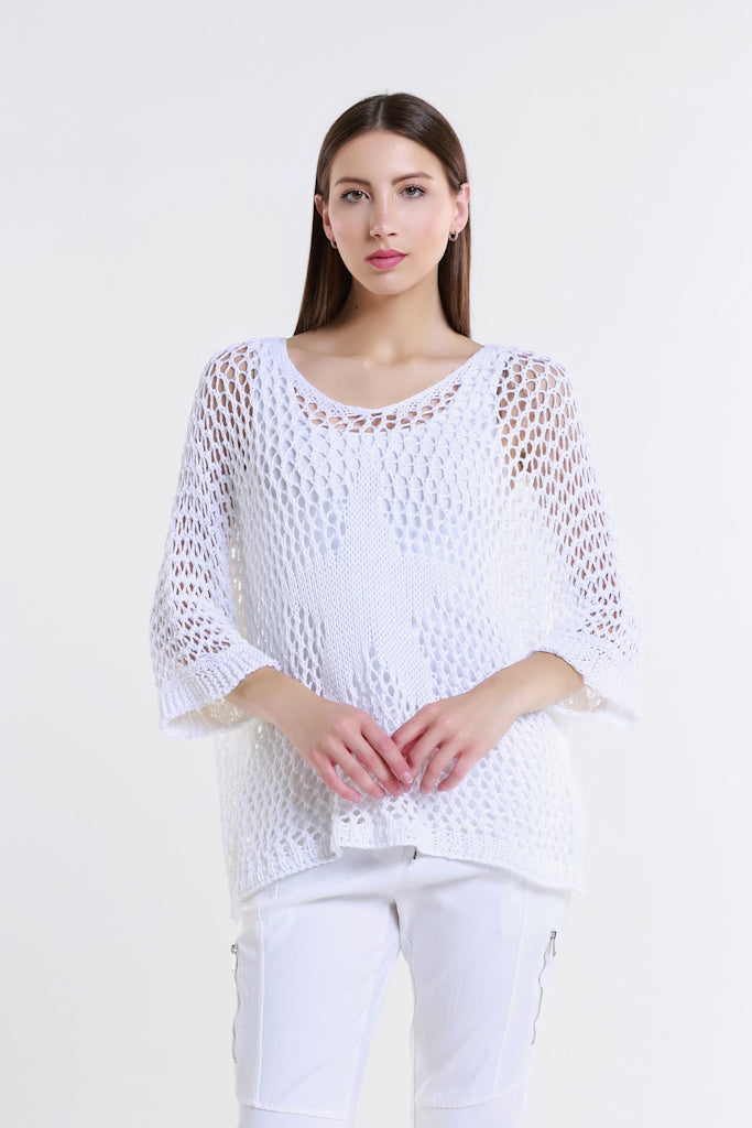 BQ912T-100 White Star Gladys 3/4 Slv Open Knit Tonal Star Sweater