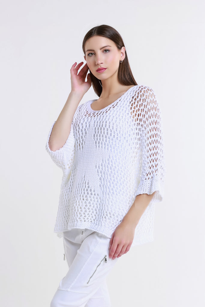 BQ912T-100 White Star Gladys 3/4 Slv Open Knit Tonal Star Sweater