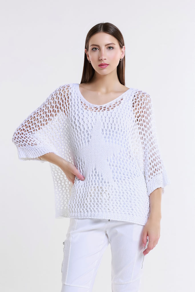 BQ912T-100 White Star Gladys 3/4 Slv Open Knit Tonal Star Sweater