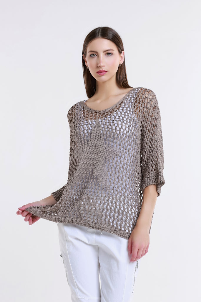 BQ912T-210 Taupe Star Gladys 3/4 Slv Open Knit Tonal Star Sweater