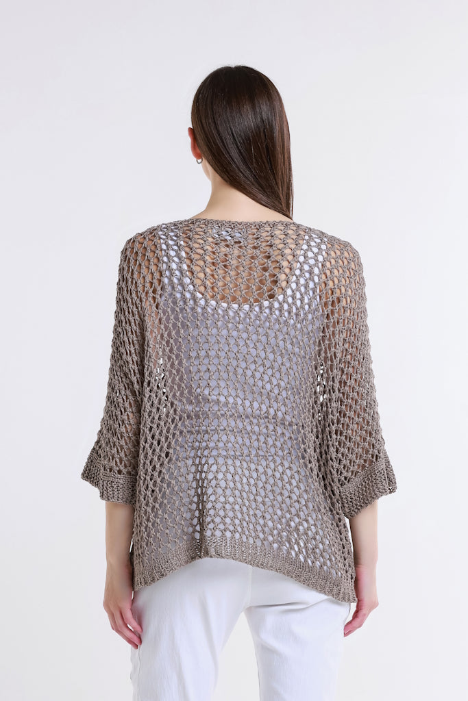 BQ912T-210 Taupe Star Gladys 3/4 Slv Open Knit Tonal Star Sweater