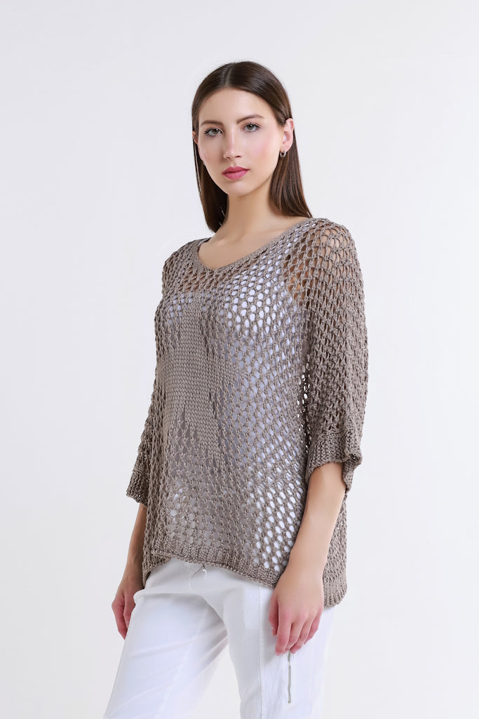 BQ912T-210 Taupe Star Gladys 3/4 Slv Open Knit Tonal Star Sweater