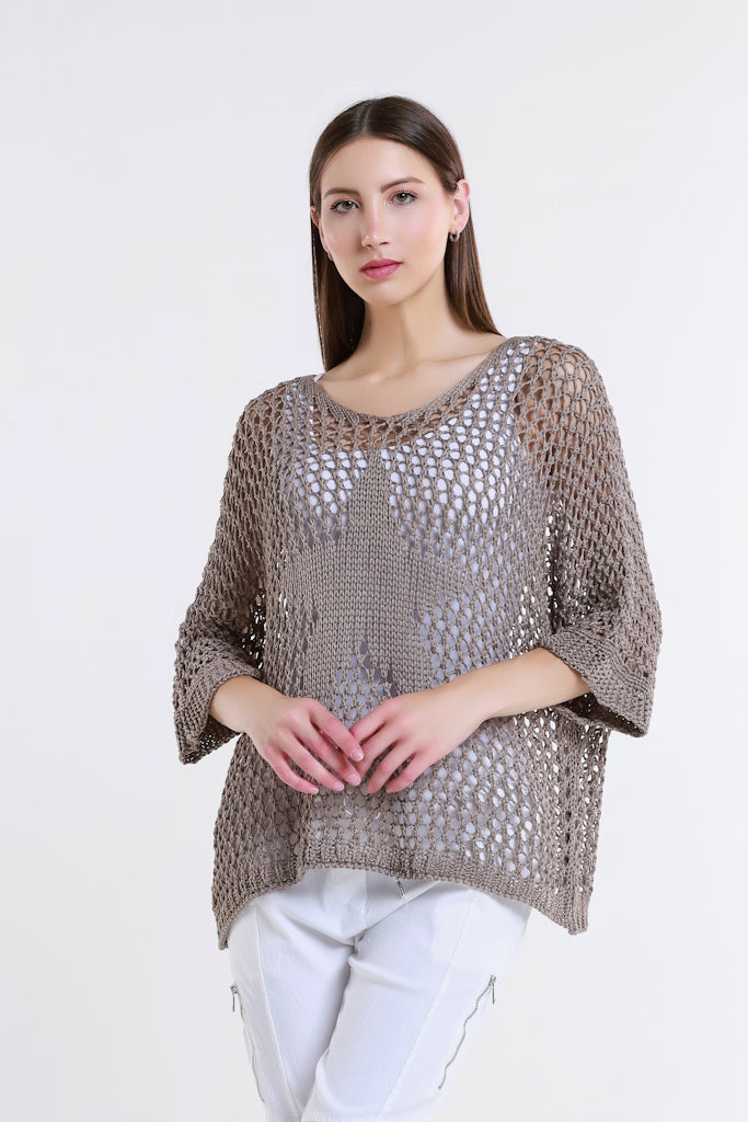 BQ912T-210 Taupe Star Gladys 3/4 Slv Open Knit Tonal Star Sweater