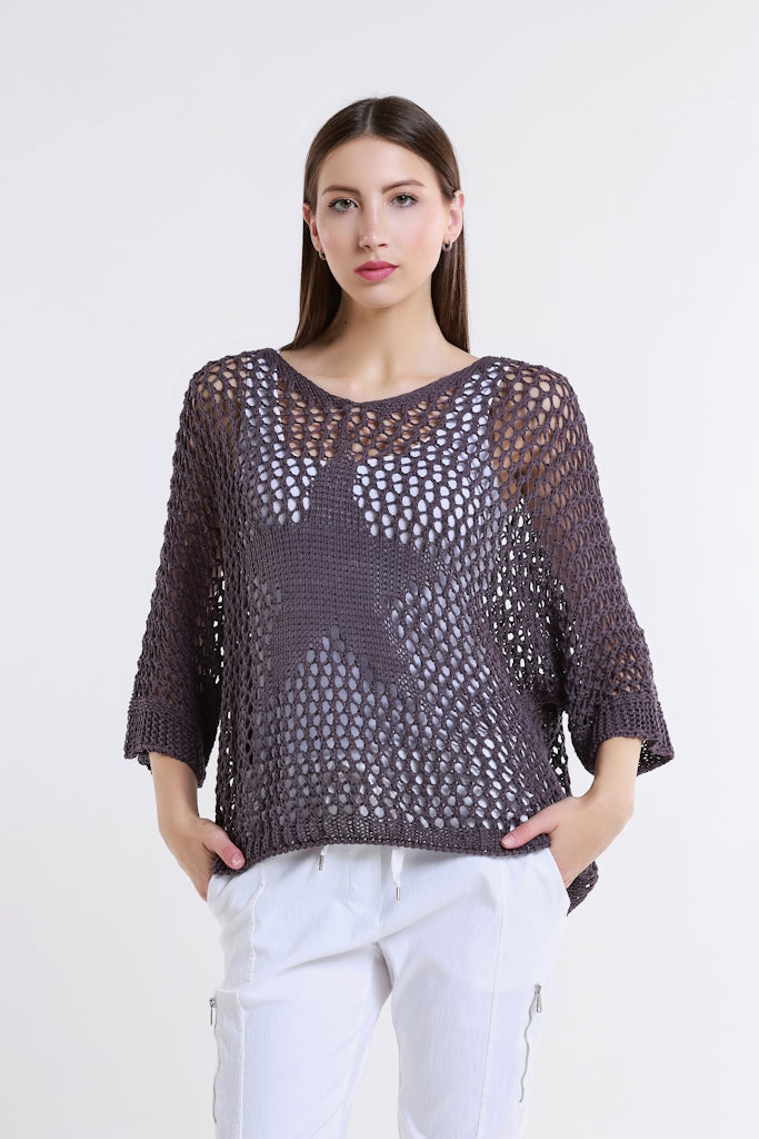 BQ912T-503 Eggplant Star Gladys 3/4 Slv Open Knit Tonal Star Sweater