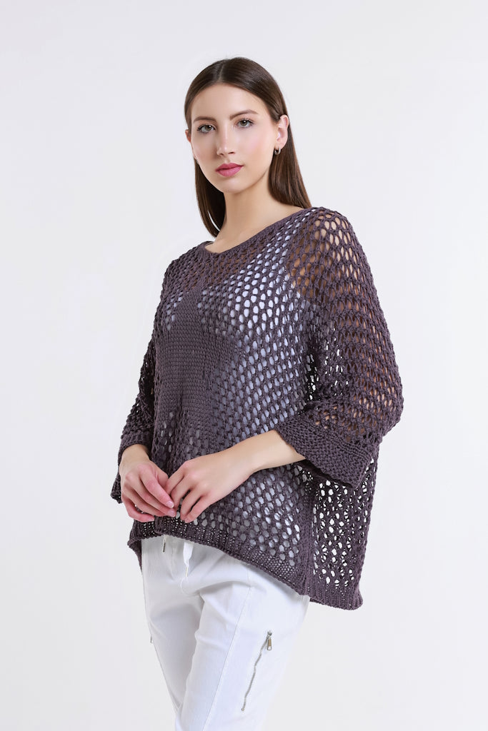 BQ912T-503 Eggplant Star Gladys 3/4 Slv Open Knit Tonal Star Sweater