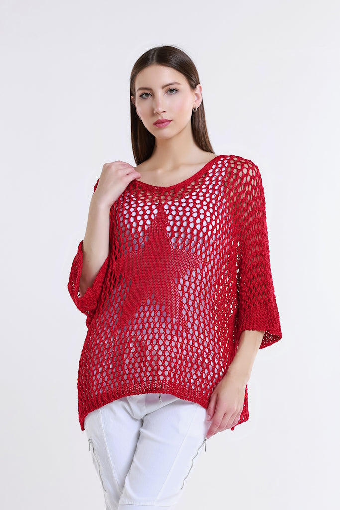 BQ912T-600 Red Star Gladys 3/4 Slv Open Knit Tonal Star Sweater