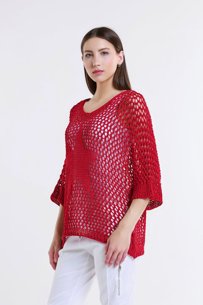 BQ912T-600 Red Star Gladys 3/4 Slv Open Knit Tonal Star Sweater