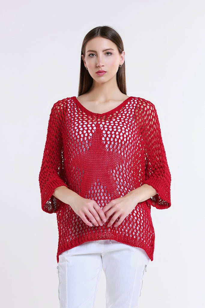 BQ912T-600 Red Star Gladys 3/4 Slv Open Knit Tonal Star Sweater