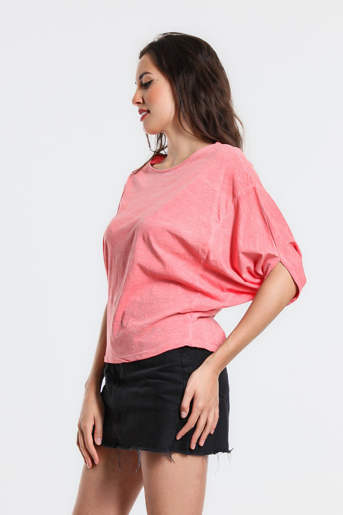 BSS171-815 Coral Enzyme Omaria Short Sleeve Batwing Crop Top