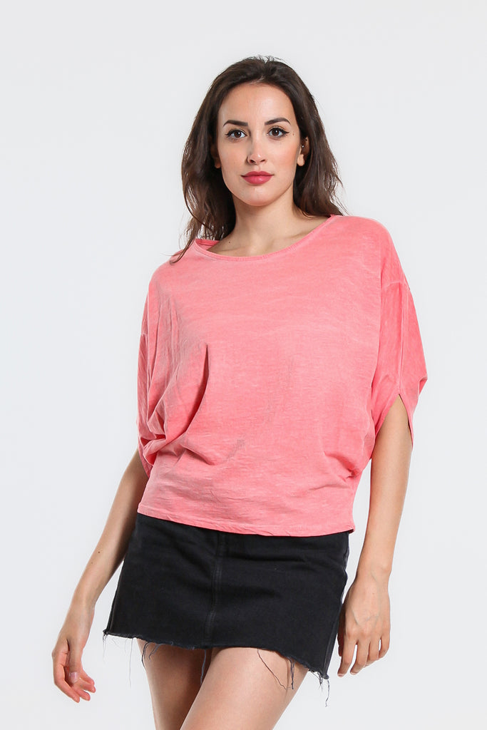 BSS171-815 Coral Enzyme Omaria Short Sleeve Batwing Crop Top