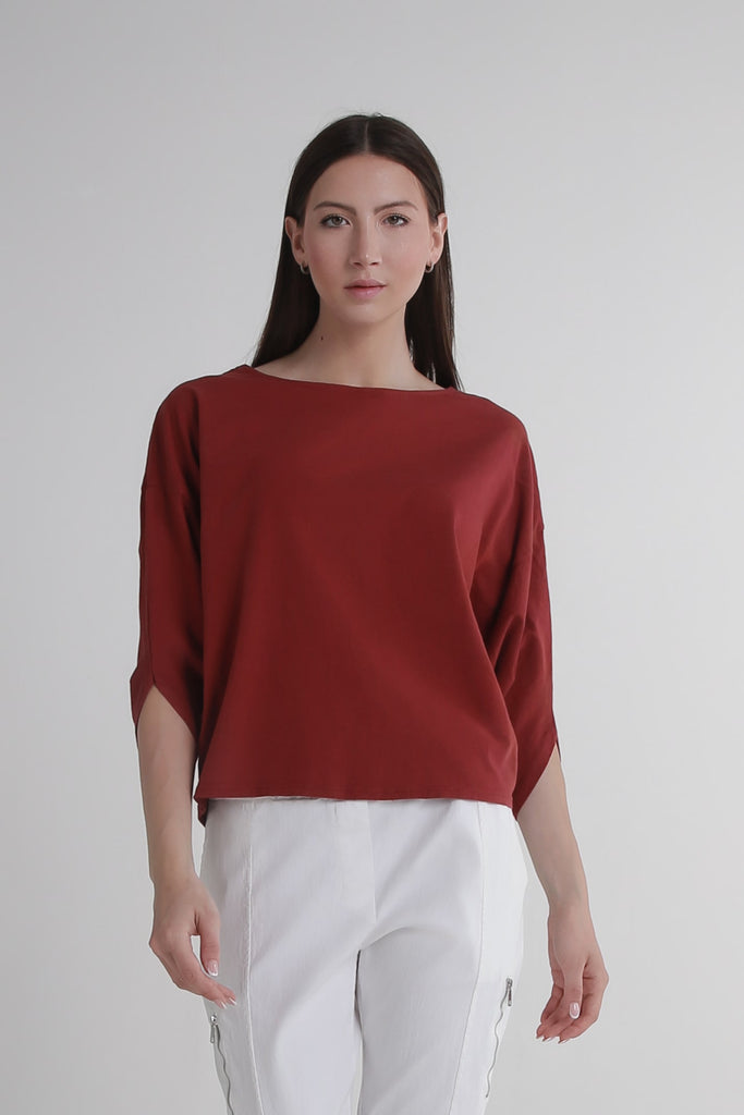 BSS171 602 Burgundy Omaria SS Batwing Crop Top