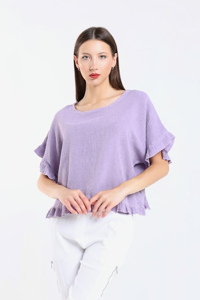 BSS173-535 Lilac Enzyme Kinslee Short Sleeve Ruffle Top