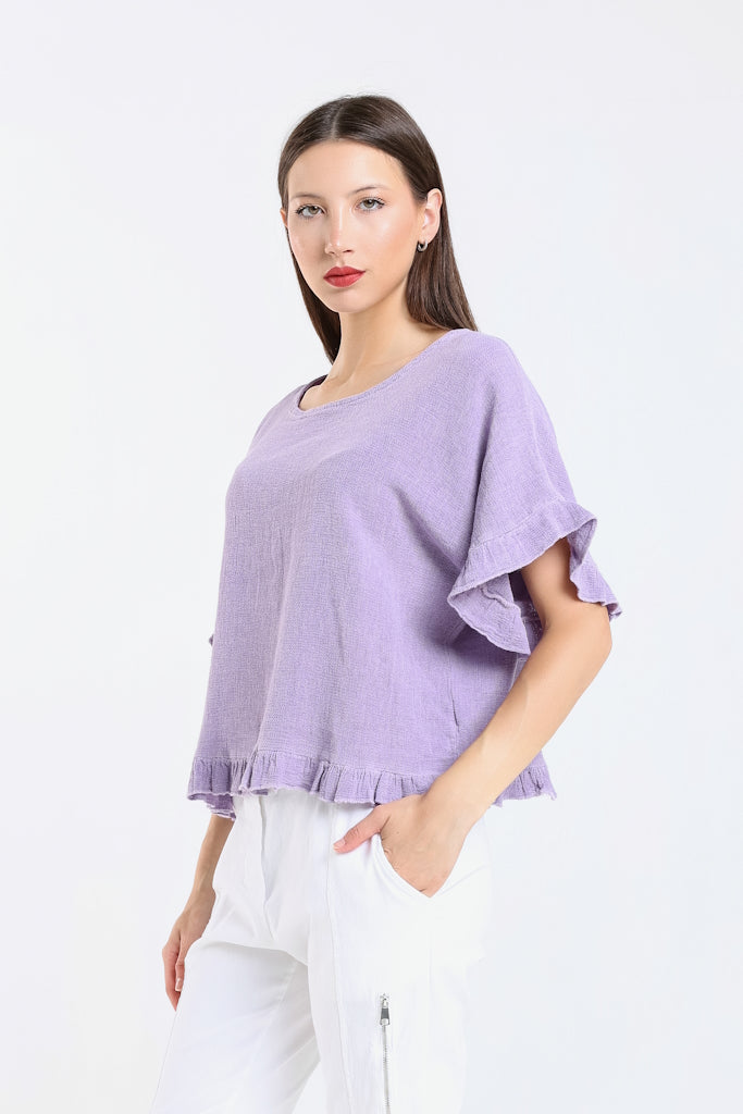 BSS173-535 Lilac Enzyme Kinslee Short Sleeve Ruffle Top