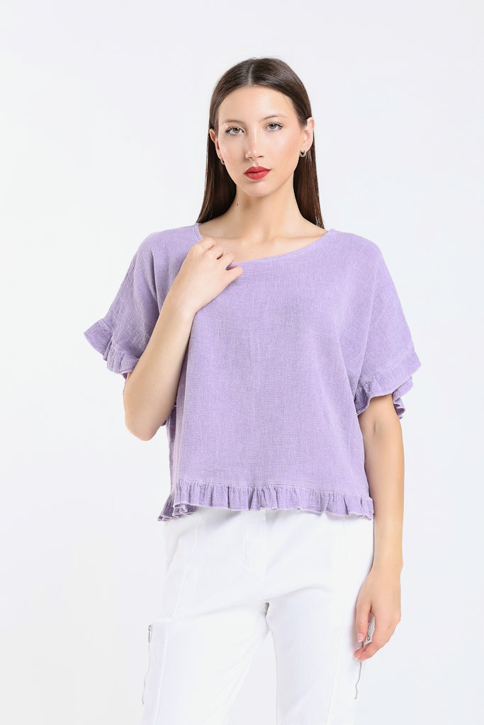 BSS173-535 Lilac Enzyme Kinslee Short Sleeve Ruffle Top