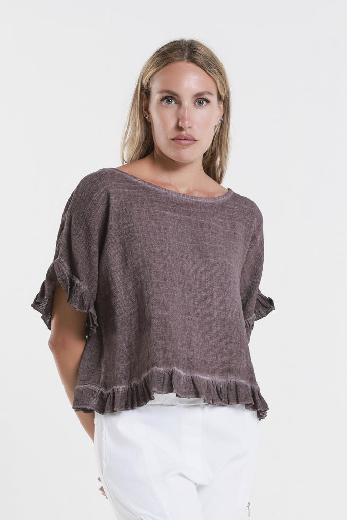 BSS173 509 Eggplant Enzyme Kinslee SS Ruffle Top-2