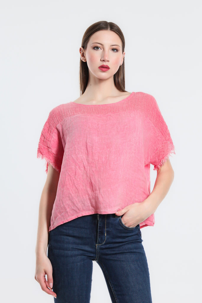 BSS183-641 Strawberry Enzyme Candi Frayed Mixed Media Top