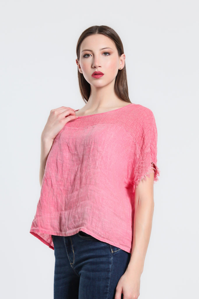 BSS183-641 Strawberry Enzyme Candi Frayed Mixed Media Top