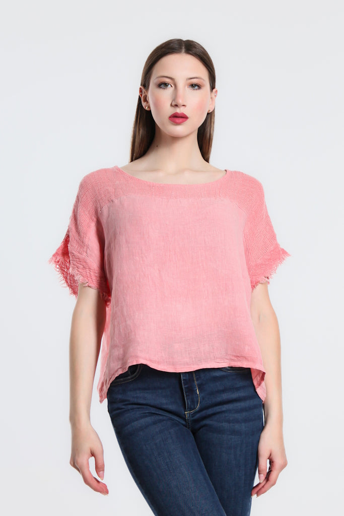 BSS183-815 Coral Enzyme Candi Frayed Mixed Media Top