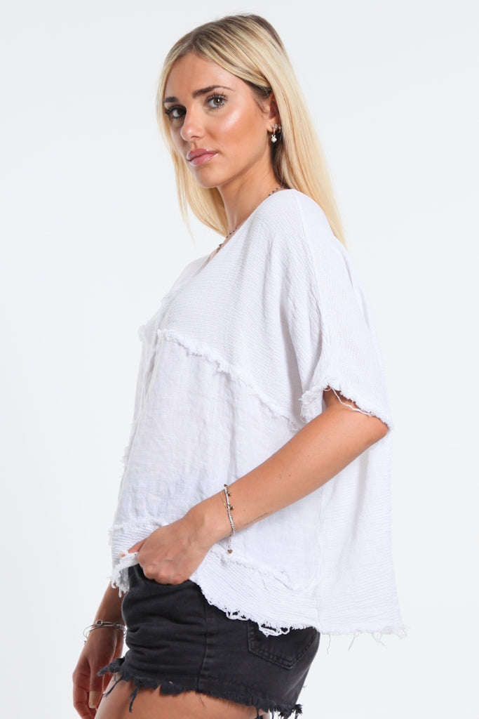 BSS189-100 White Lois Mixed Media Top