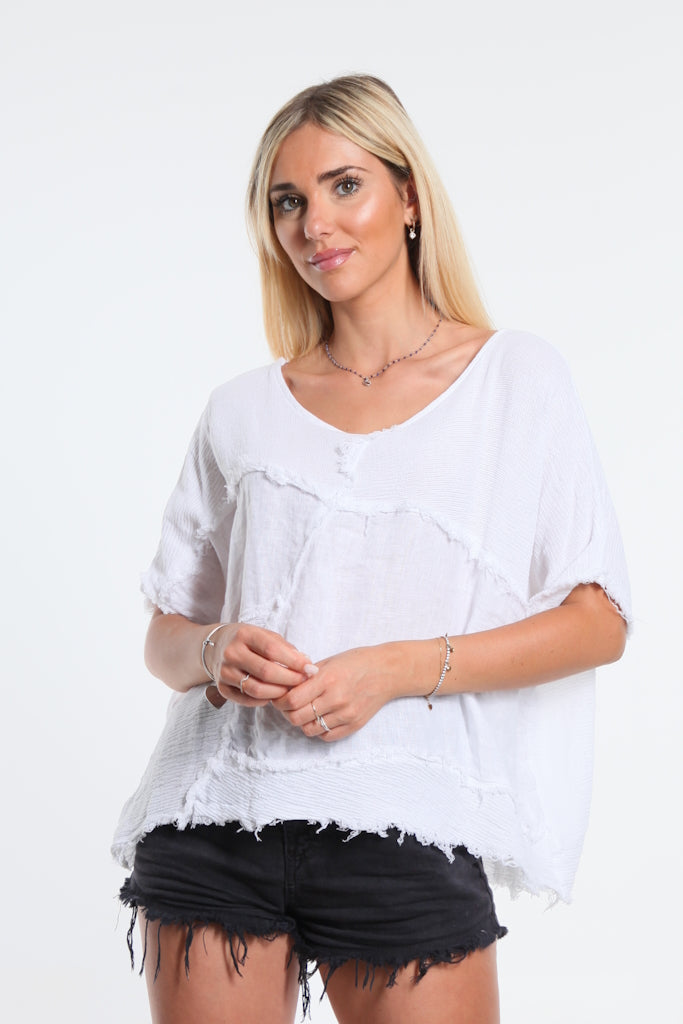 BSS189-100 White Lois Mixed Media Top