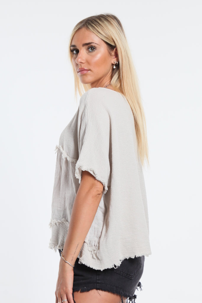 BSS189-250 Beige Lois Mixed Media Top