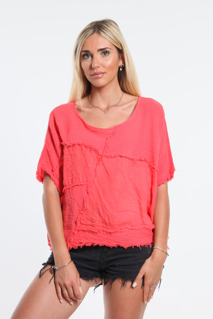 BSS189-810 Coral Lois Mixed Media Top