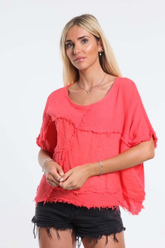 BSS189-810 Coral Lois Mixed Media Top