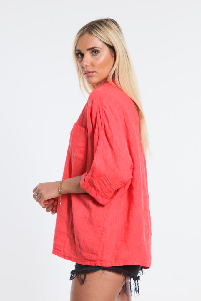 BSS193-810 Coral Starla Collared Linen Top